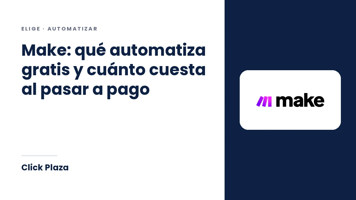Portada de Click Plaza con el título «Make: qué automatiza gratis y cuánto cuesta al pasar a pago» y el logo de Make.