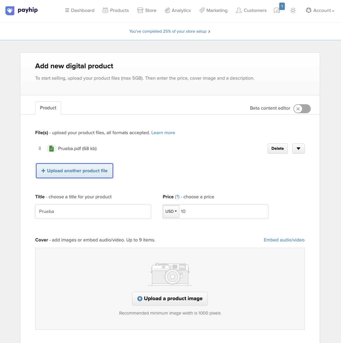 Formulario de Payhip para crear un producto digital, con un archivo PDF subido, el título y un precio de 10 dólares