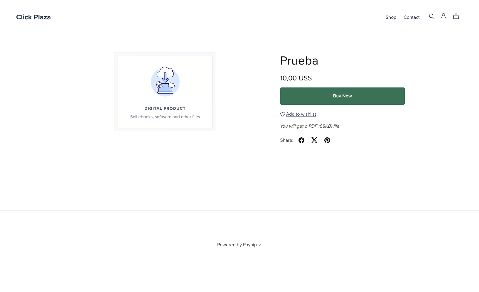 Página de venta de un producto en Payhip con el precio de 10 dólares y el botón Buy Now