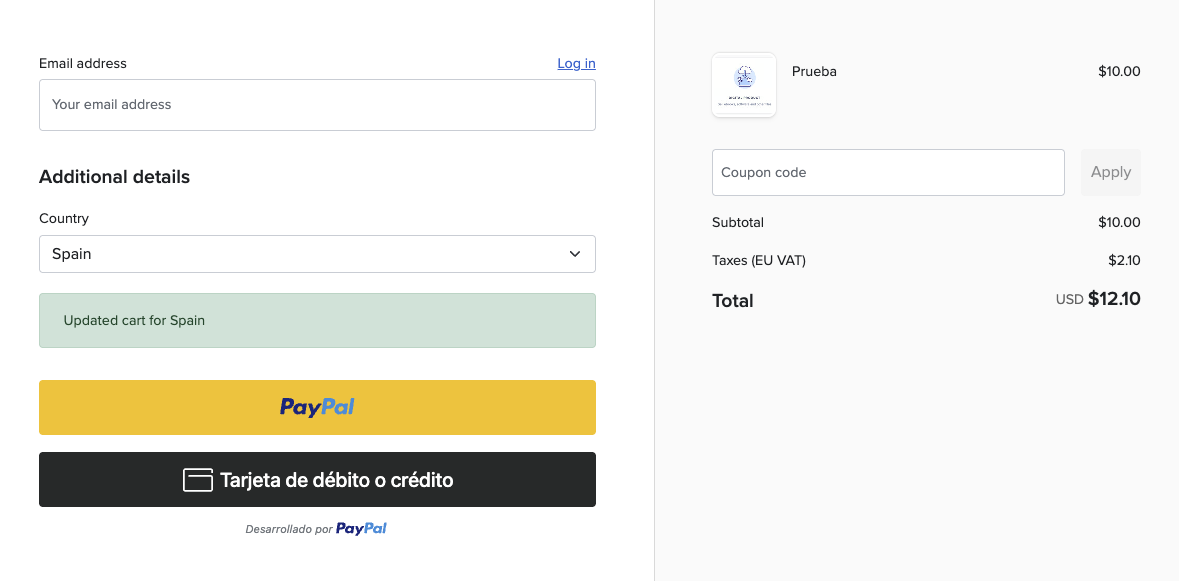 Página de pago de Payhip para un comprador de España, con el IVA europeo sumado al precio y los botones de PayPal y de tarjeta de débito o crédito