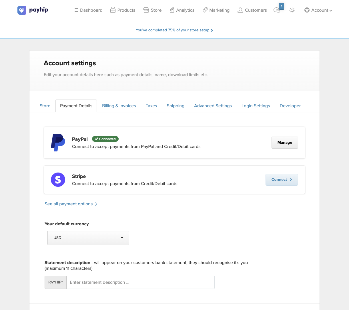 Sección de pagos de Payhip con PayPal conectado