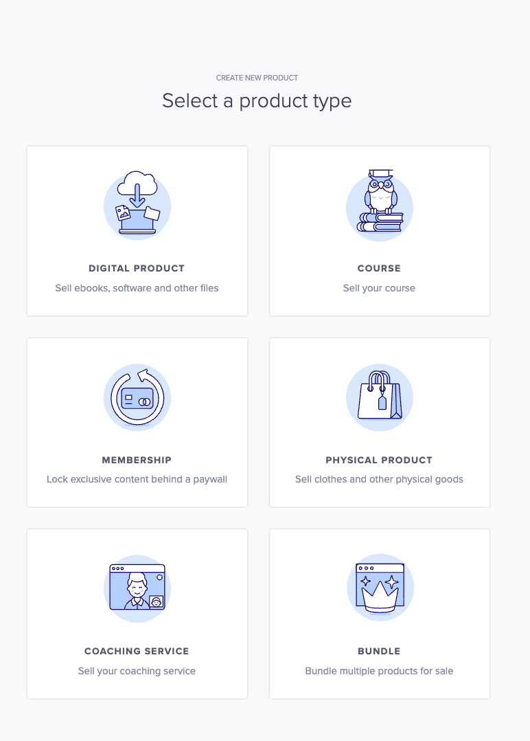 Pantalla de Payhip para elegir el tipo de producto: producto digital, curso, membresía, producto físico, servicio de asesoría y paquete