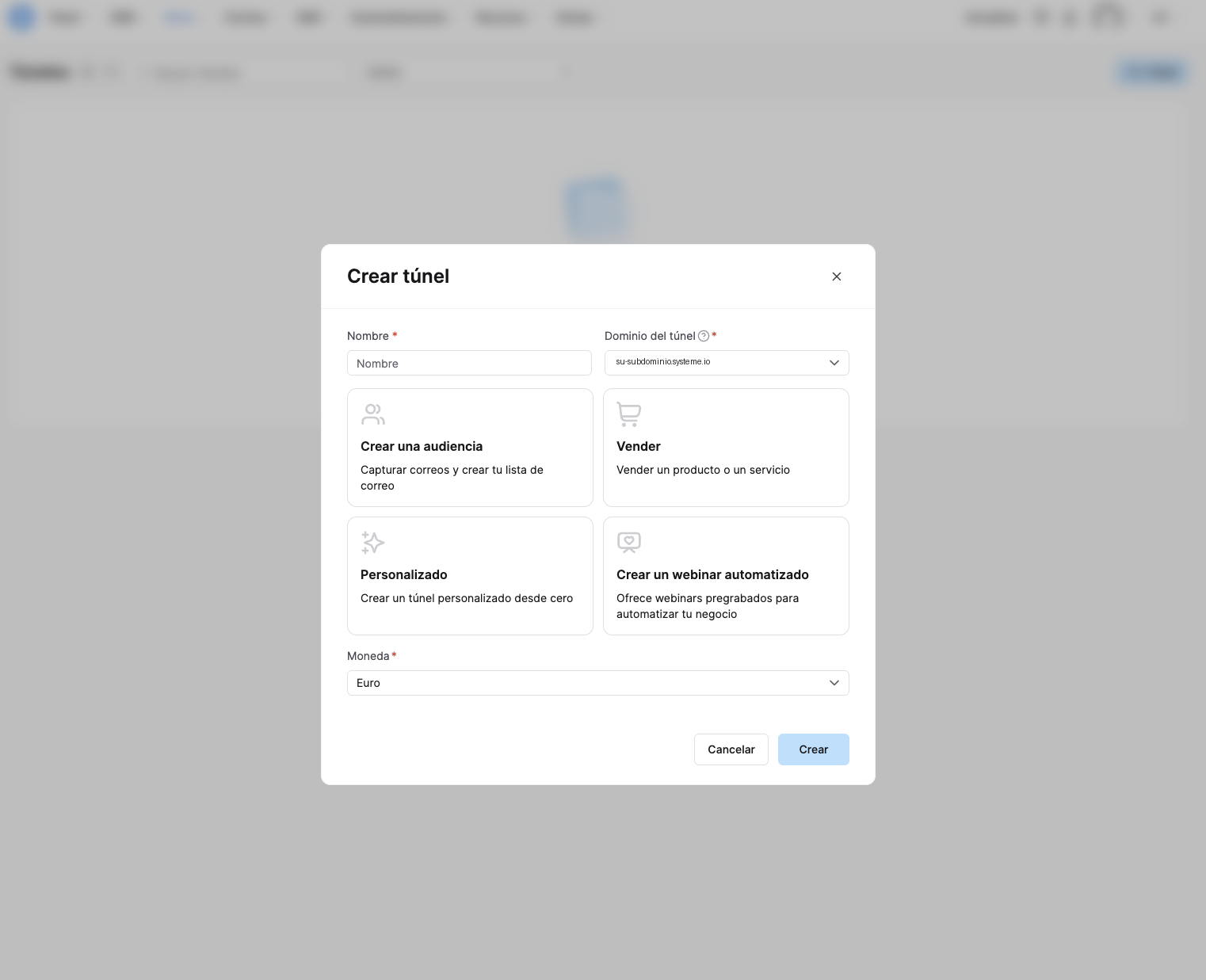 Ventana para crear un túnel en Systeme.io con cuatro tipos de túnel y el selector de moneda