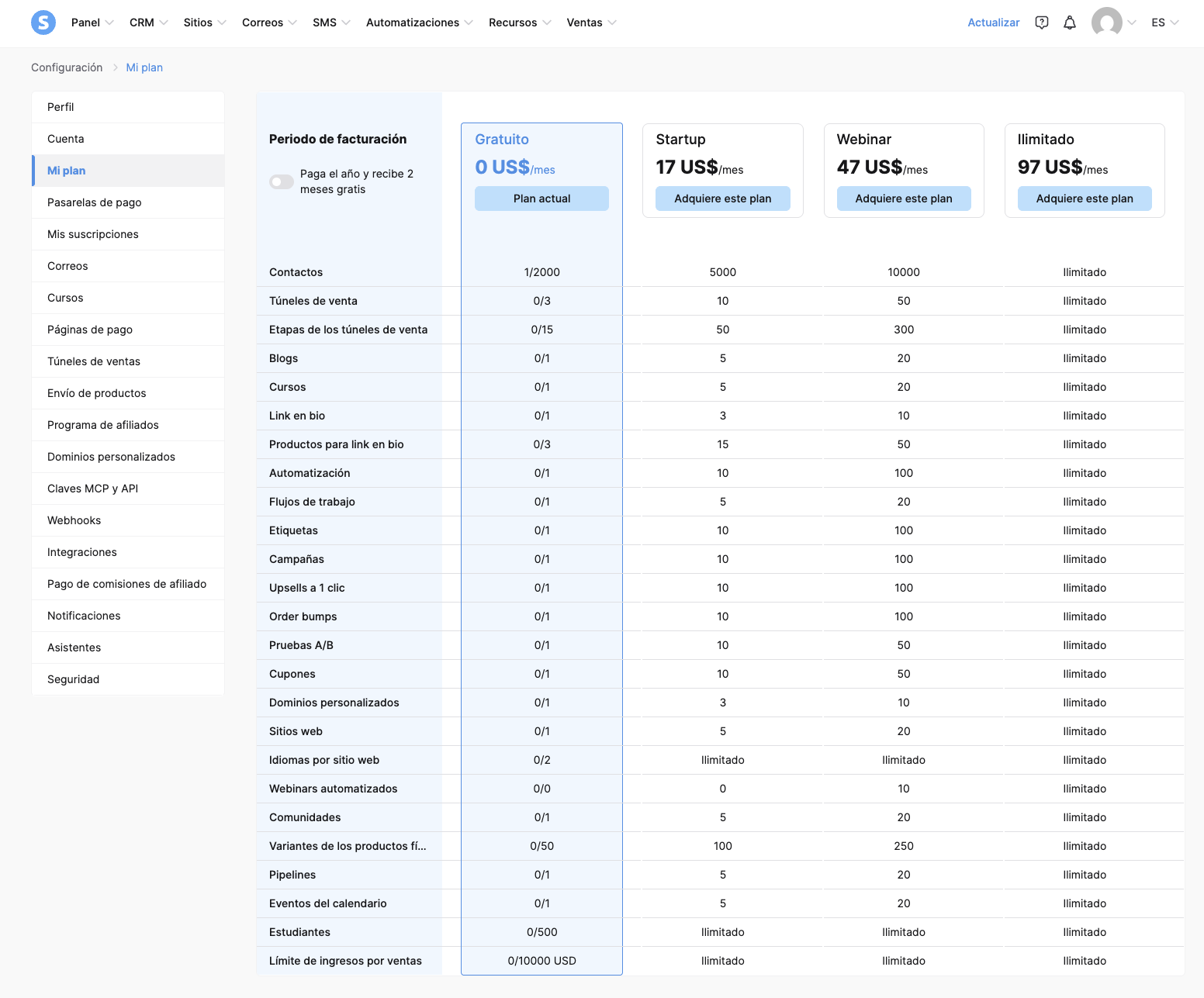Tabla de planes de Systeme.io con los límites del plan gratuito, incluido un límite de 10.000 dólares en ingresos por ventas