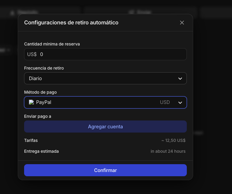 Configuración de retiro automático de Whop por PayPal, en dólares, con una tarifa de unos 12,50 dólares