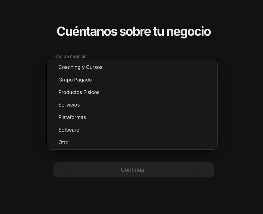 Pantalla de Whop para elegir el tipo de negocio: coaching y cursos, grupo pagado, productos físicos, servicios, plataformas, software u otro